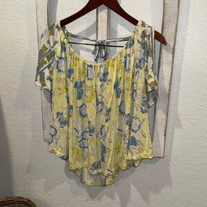 Free People Baja Babe Cold Shoulder Yellow Floral Tie Back Summer Top Size Small